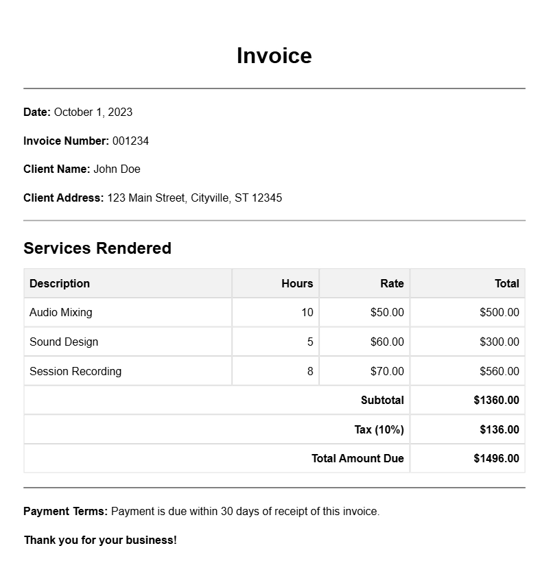 Sound Engineer Invoice Samples for Your Business Needs