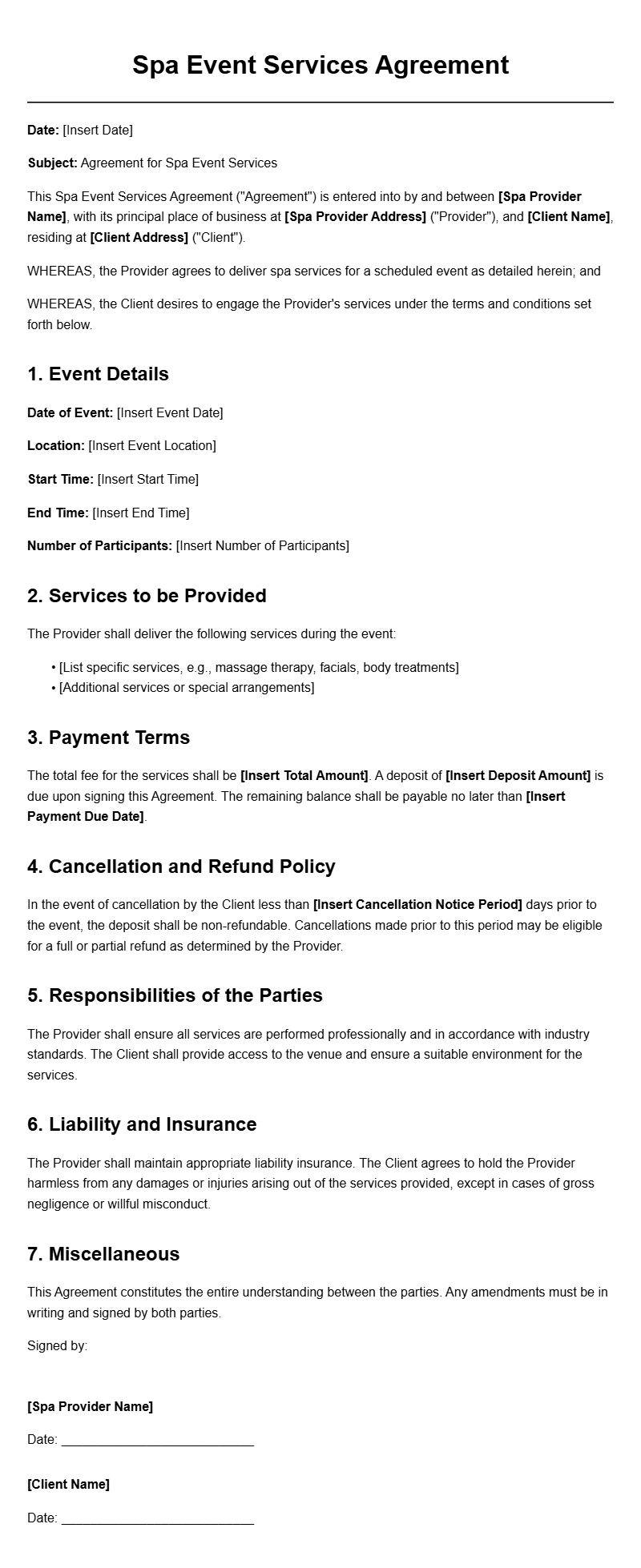 Spa Event Agreement Templates for Smooth Planning