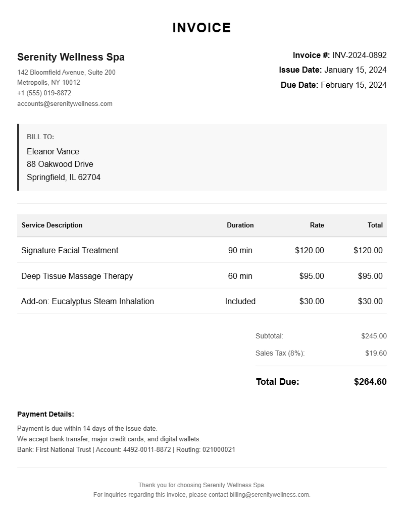 Spa Service Invoice Samples