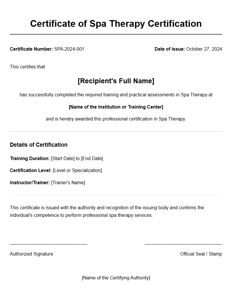 Elegant Spa Therapist Certificate Templates for Professional Recognition