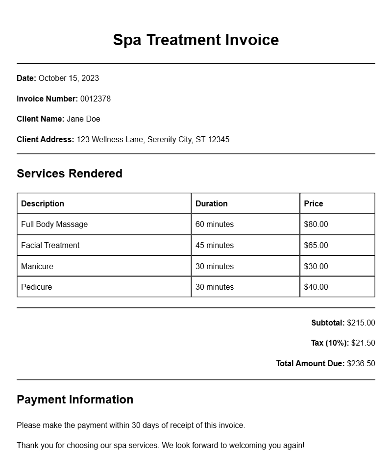 Spa Treatment Invoice Samples for Your Business Needs