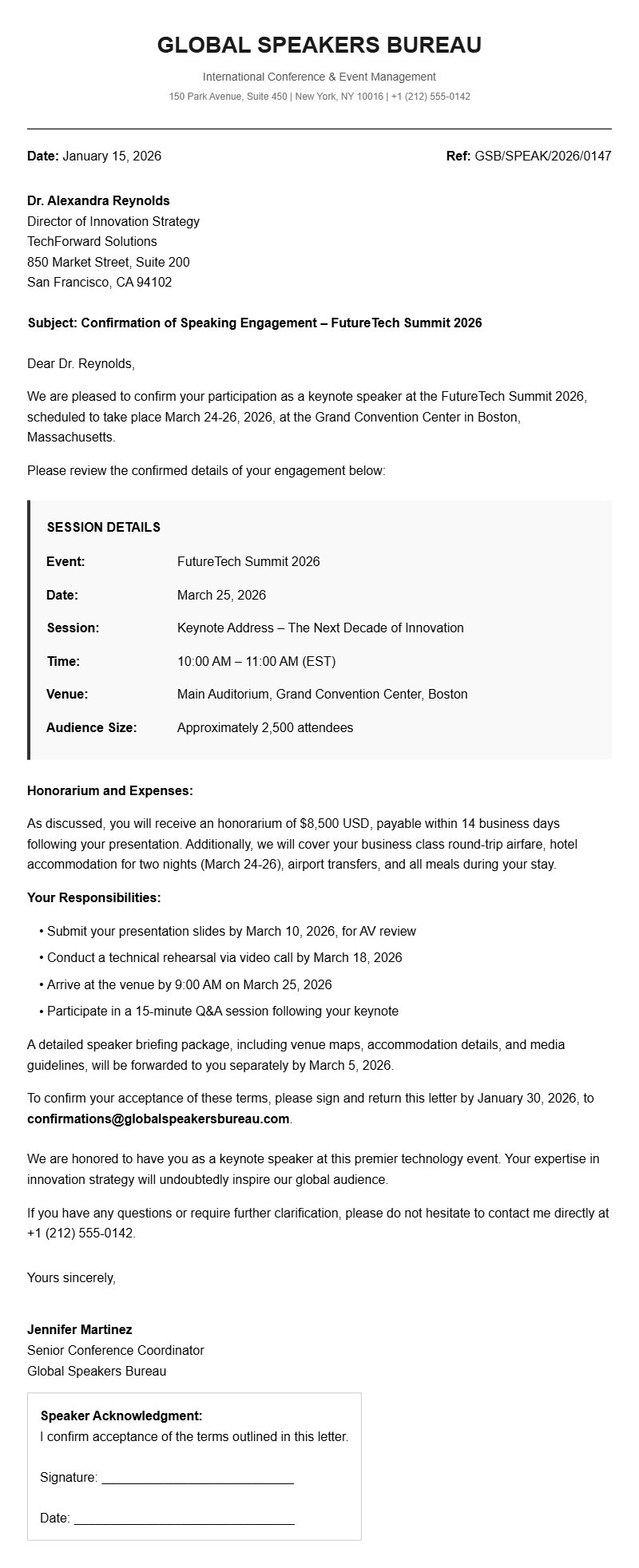 Speaker Confirmation Letter Templates
