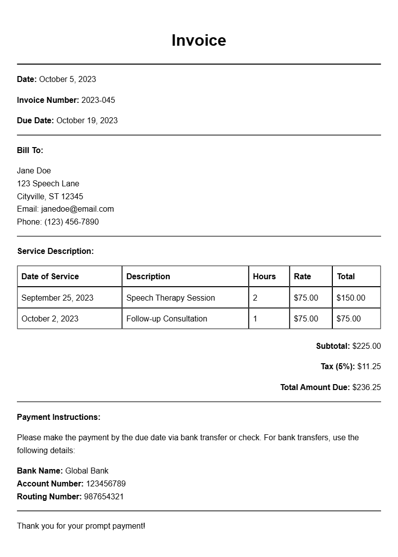 Speech Therapist Invoice Samples for Easy Billing