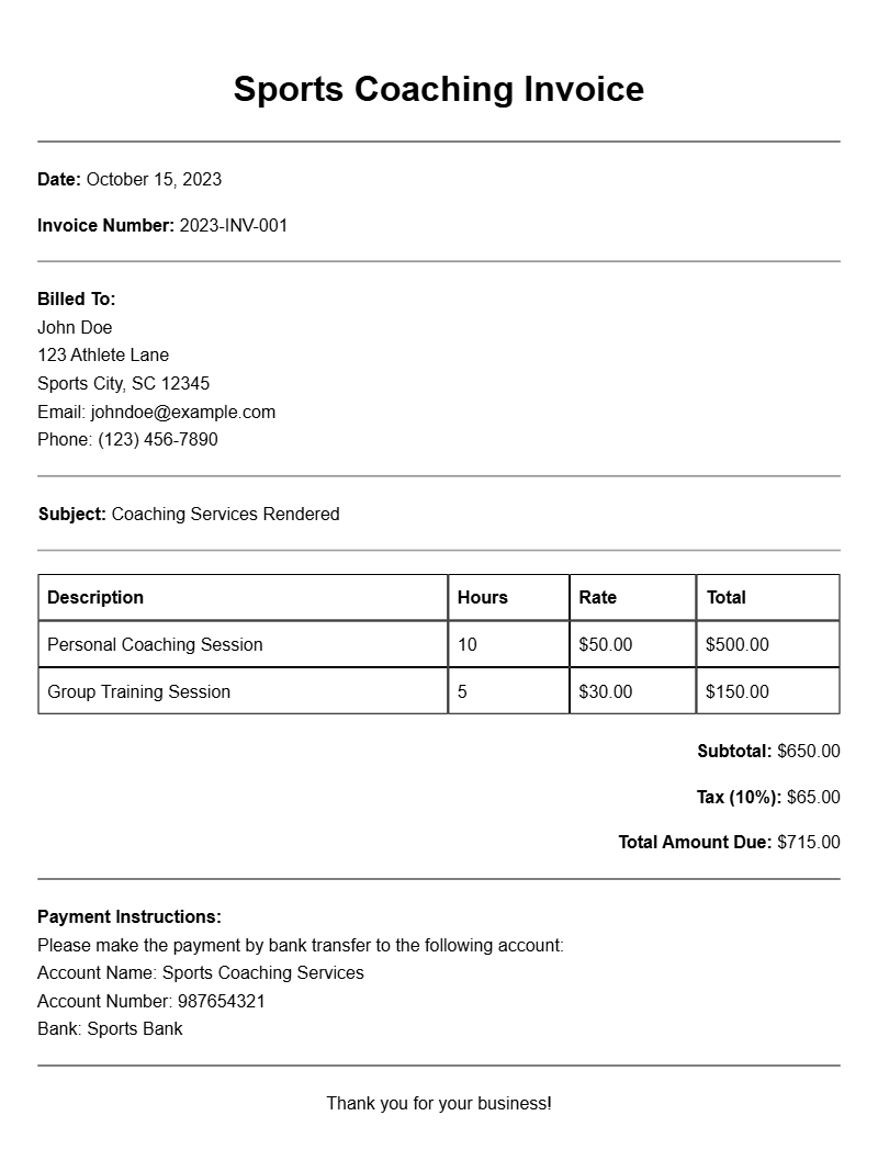 Sports Coach Invoice Samples for Easy Billing Solutions