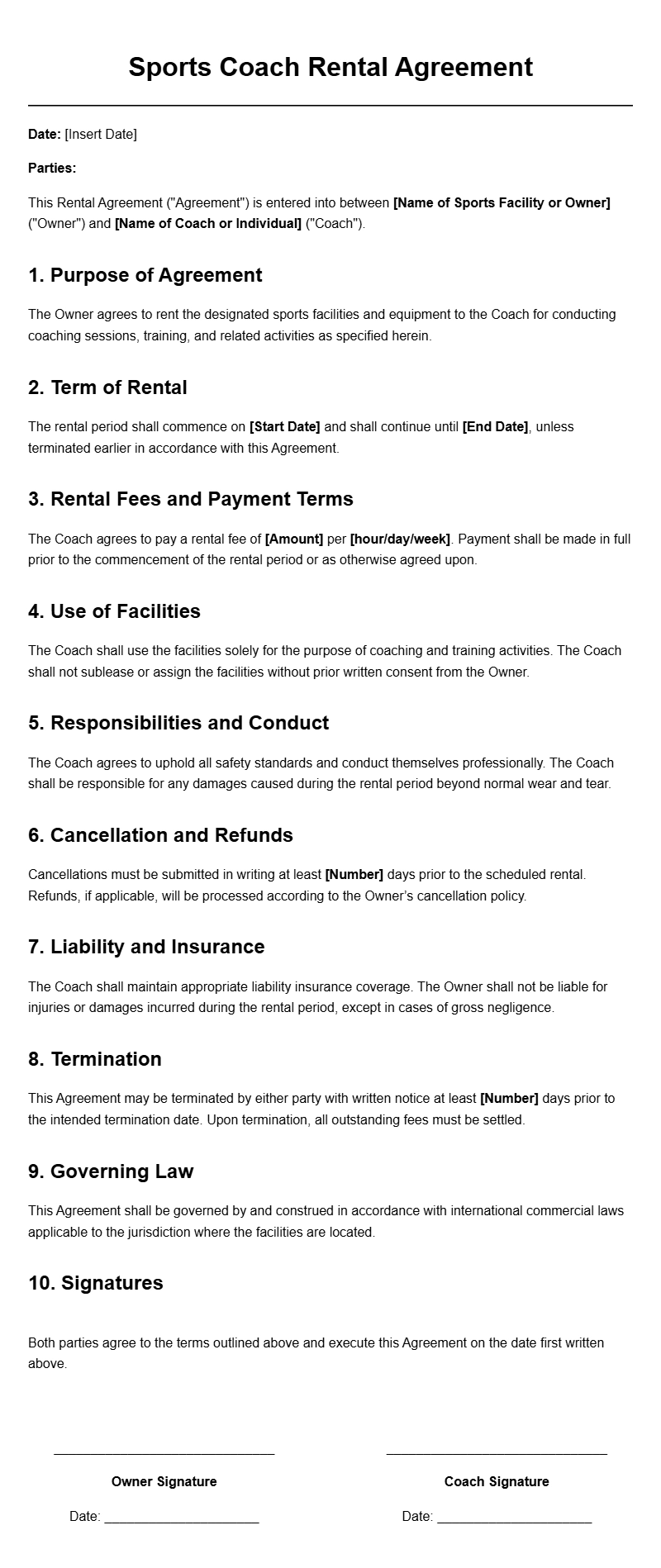 Sports Coach Rental Agreement Templates for Seamless Booking