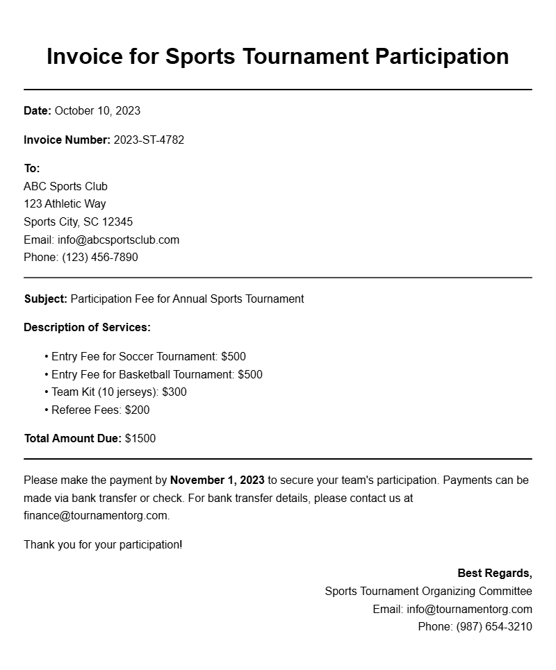 Sports Tournament Invoice Samples for Seamless Billing