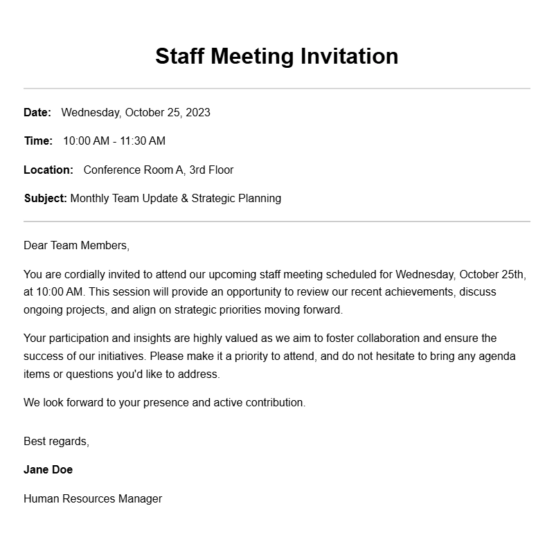 Effective Staff Meeting Invitation Letter Samples