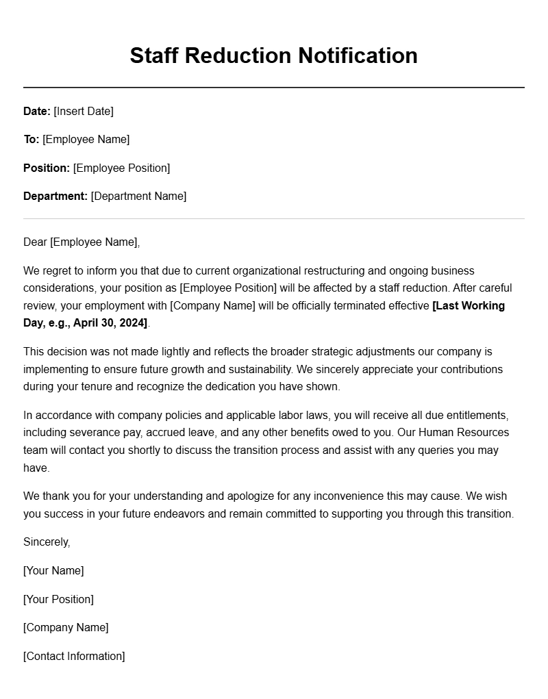 Sample Staff Reduction Letters for Difficult Times