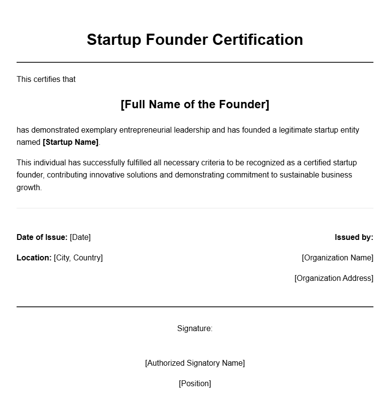 Startup Founder Certificate Templates for Recognition and Achievement
