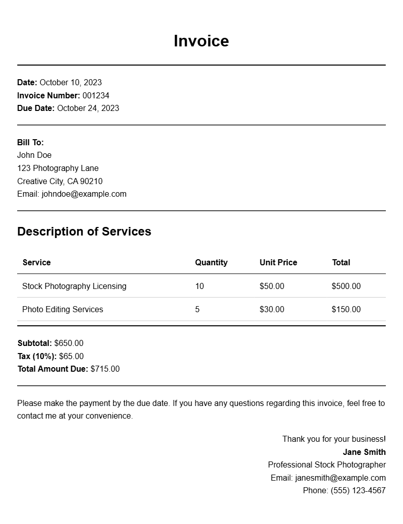 Stock Photographer Invoice Samples for Your Reference