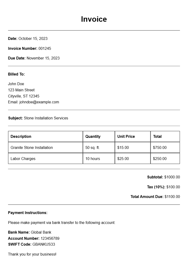 Stone Installation Invoice Samples for Your Business Needs