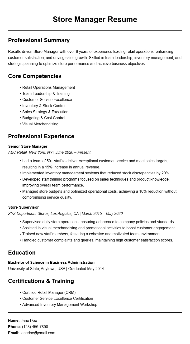 Effective Store Manager Resume Samples to Showcase Your Skills