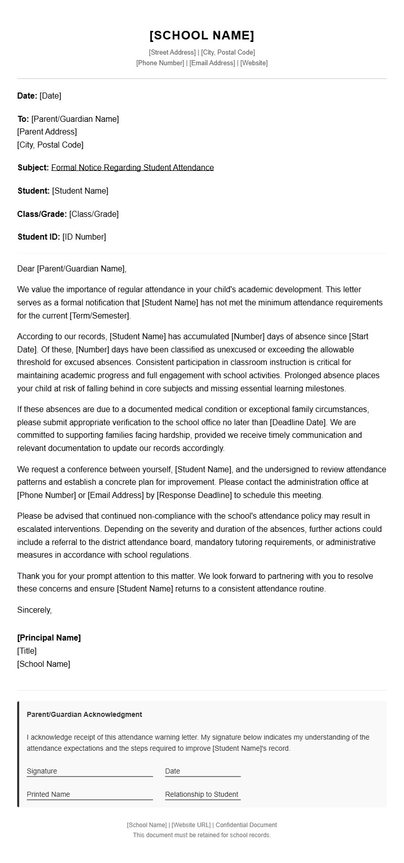 Student Attendance Warning Letter Templates