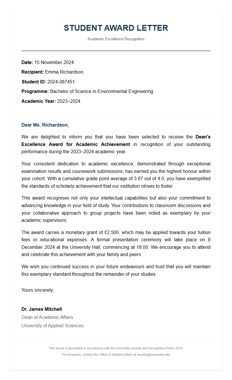 Student Award Letter Samples and Templates