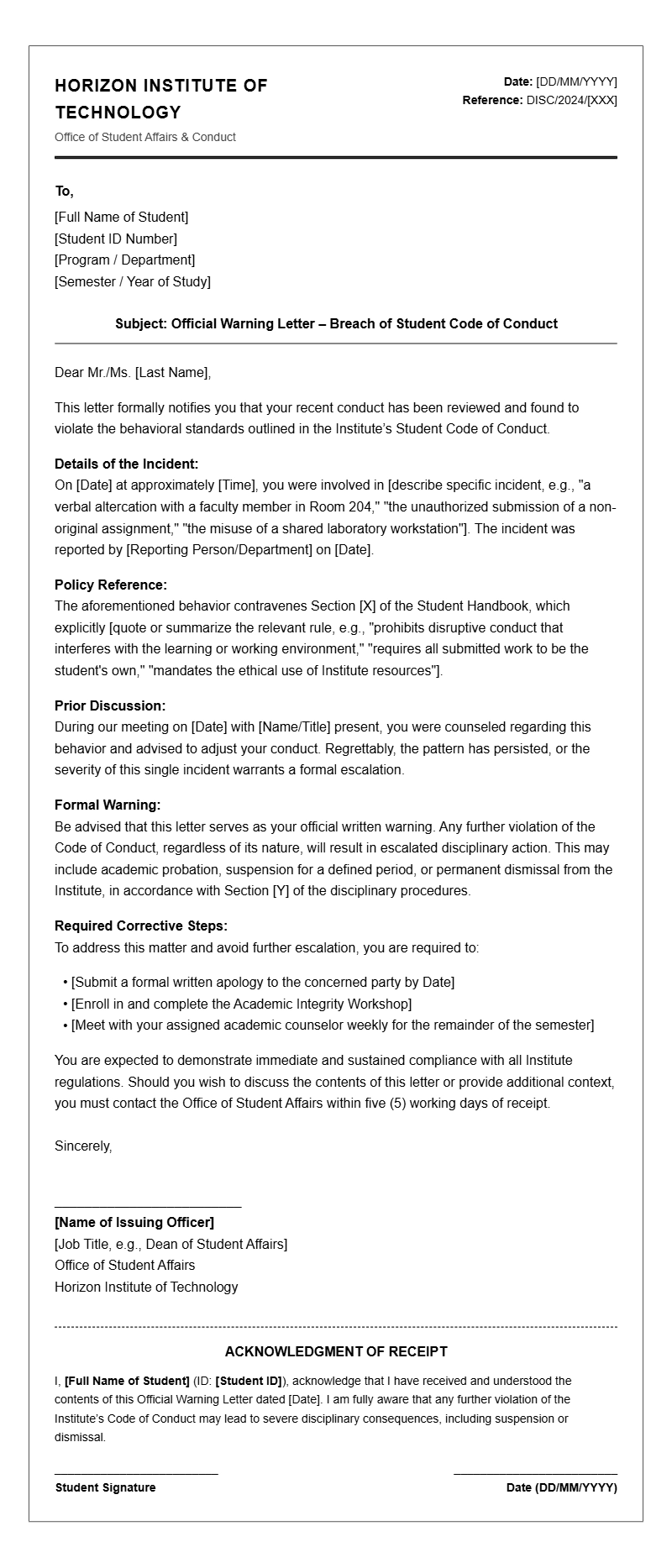 Student Conduct Warning Letter Templates