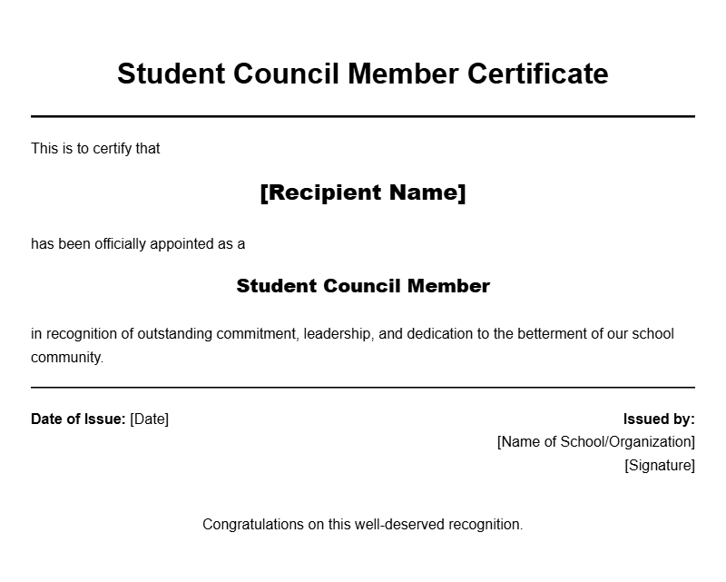 Student Council Member Certificate Templates for Recognition