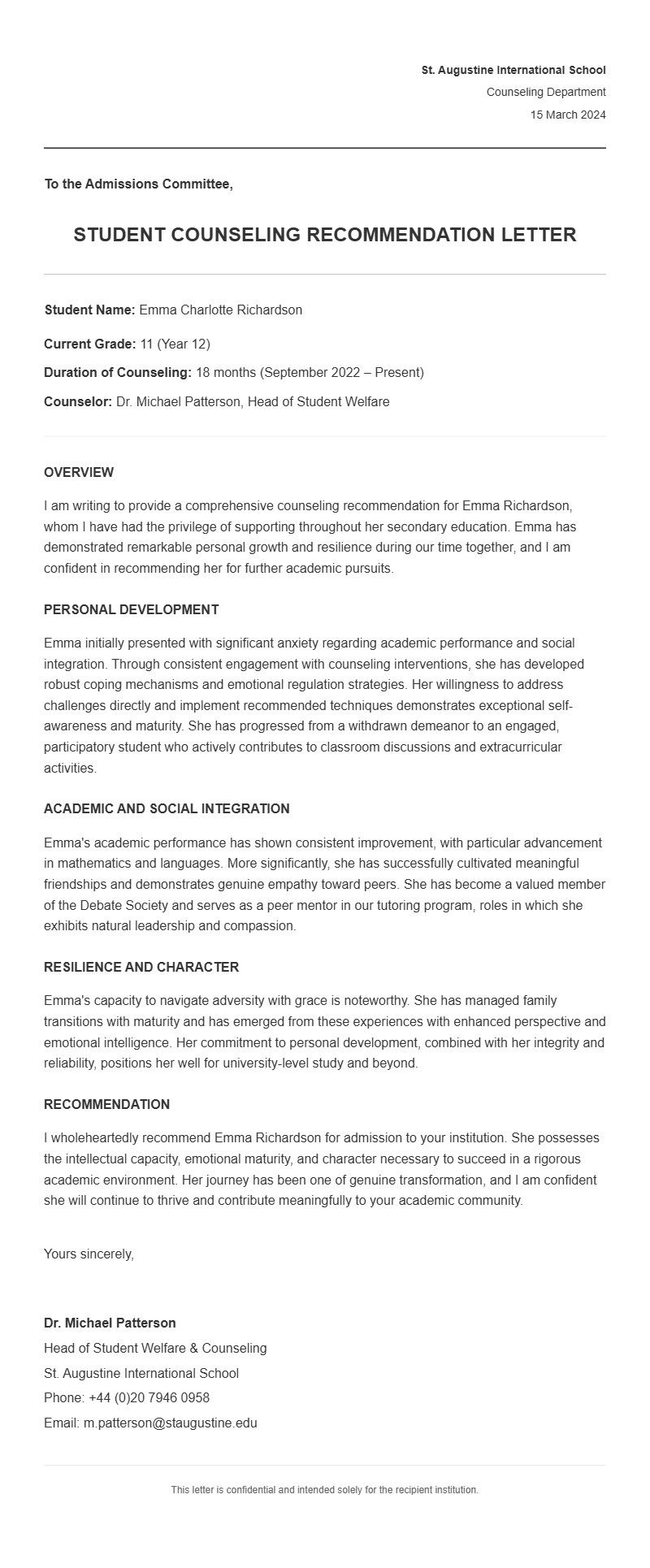Student Counseling Recommendation Letter Samples