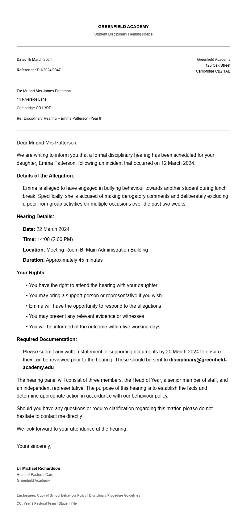 Student Disciplinary Hearing Letter Samples
