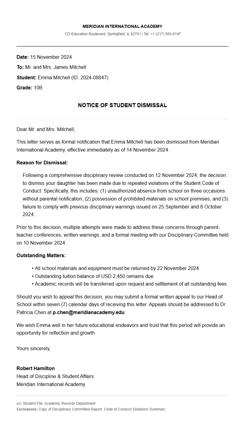 Student Dismissal Letter Samples and Templates