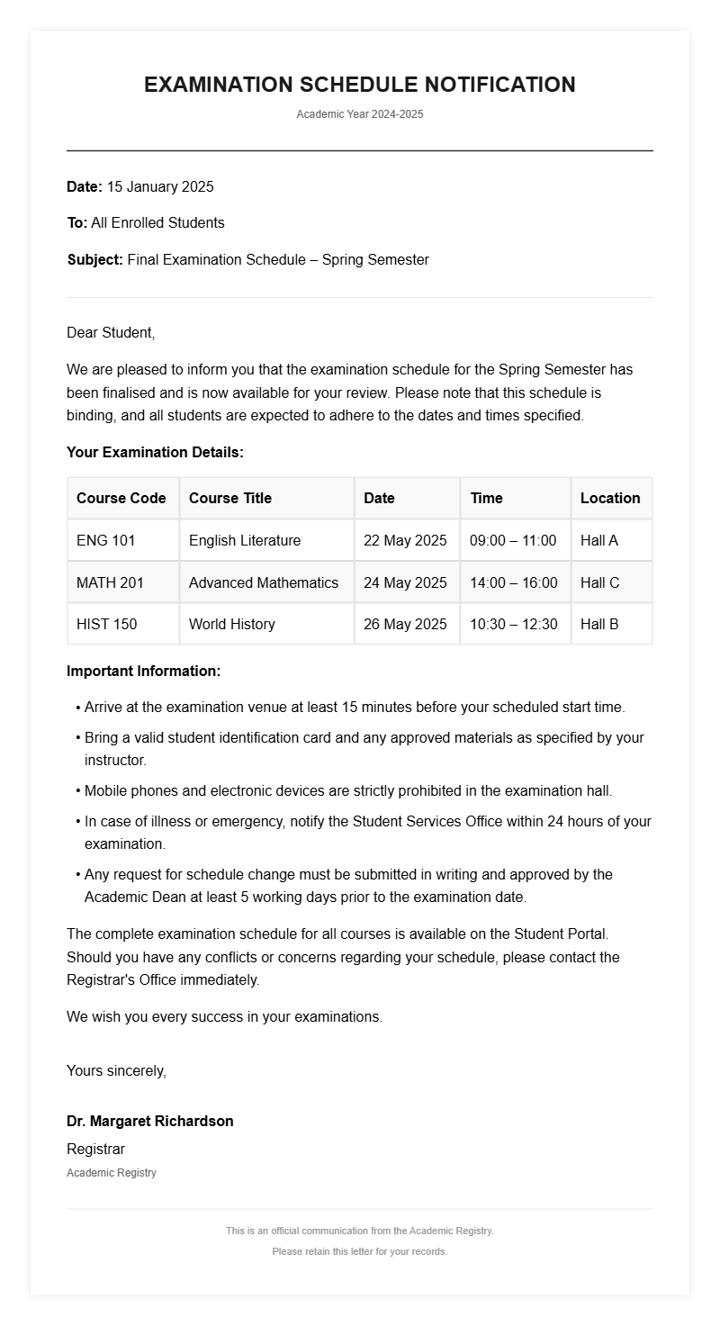 Student Exam Schedule Letter Templates