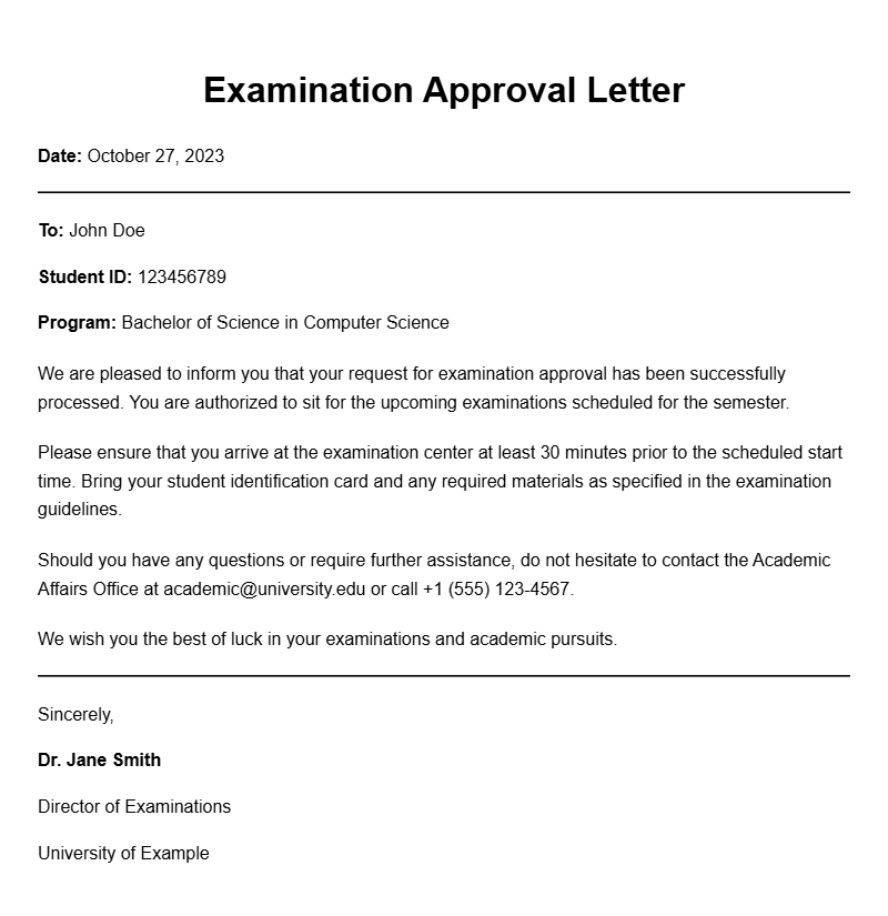 Sample Student Examination Approval Letters for Your Reference