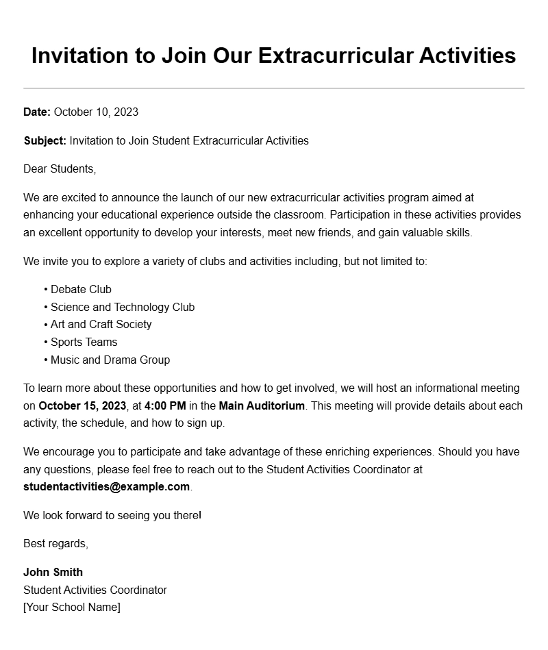 Sample Extracurricular Invitation Letters for Students