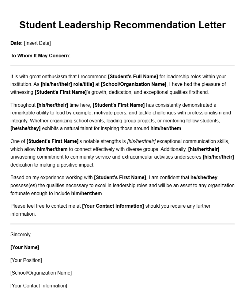 Effective Student Leadership Recommendation Letter Templates