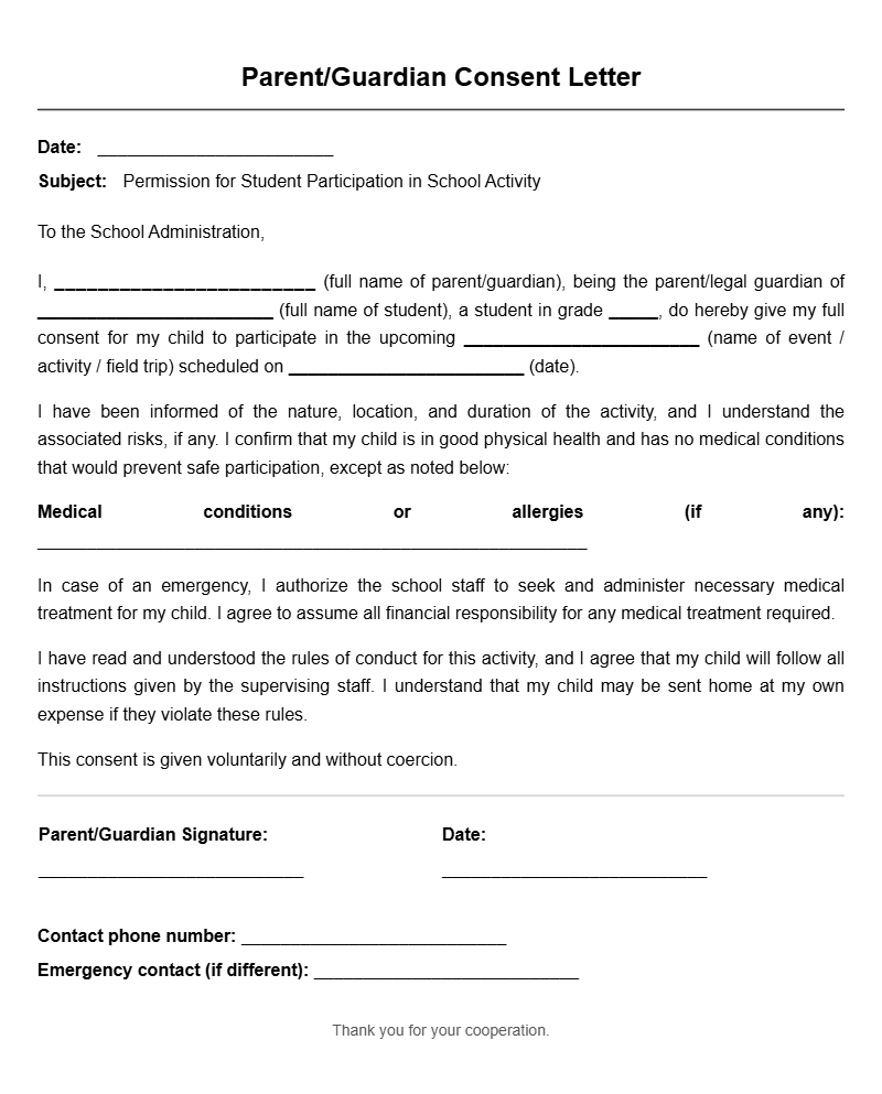 Student Parent Consent Letter Samples