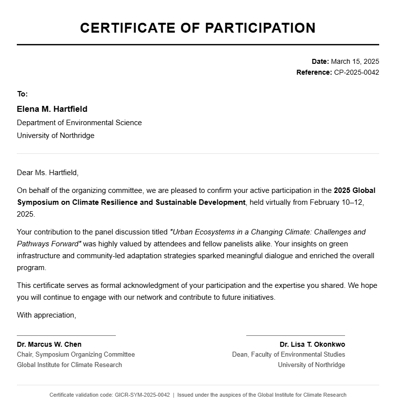 Sample Student Participation Certificate Letters