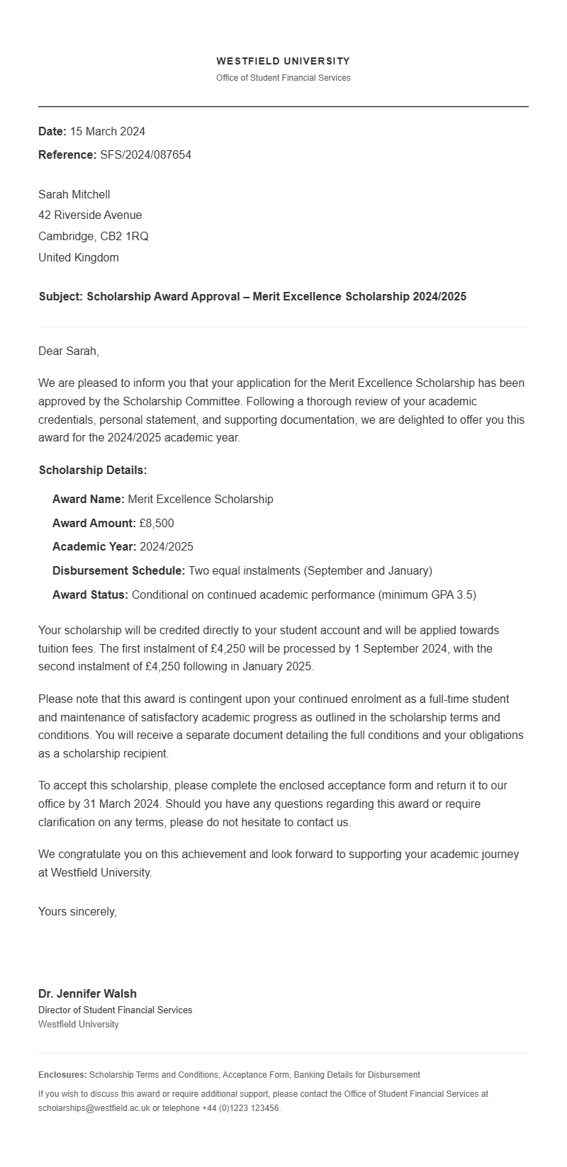 Student Scholarship Approval Letter Samples