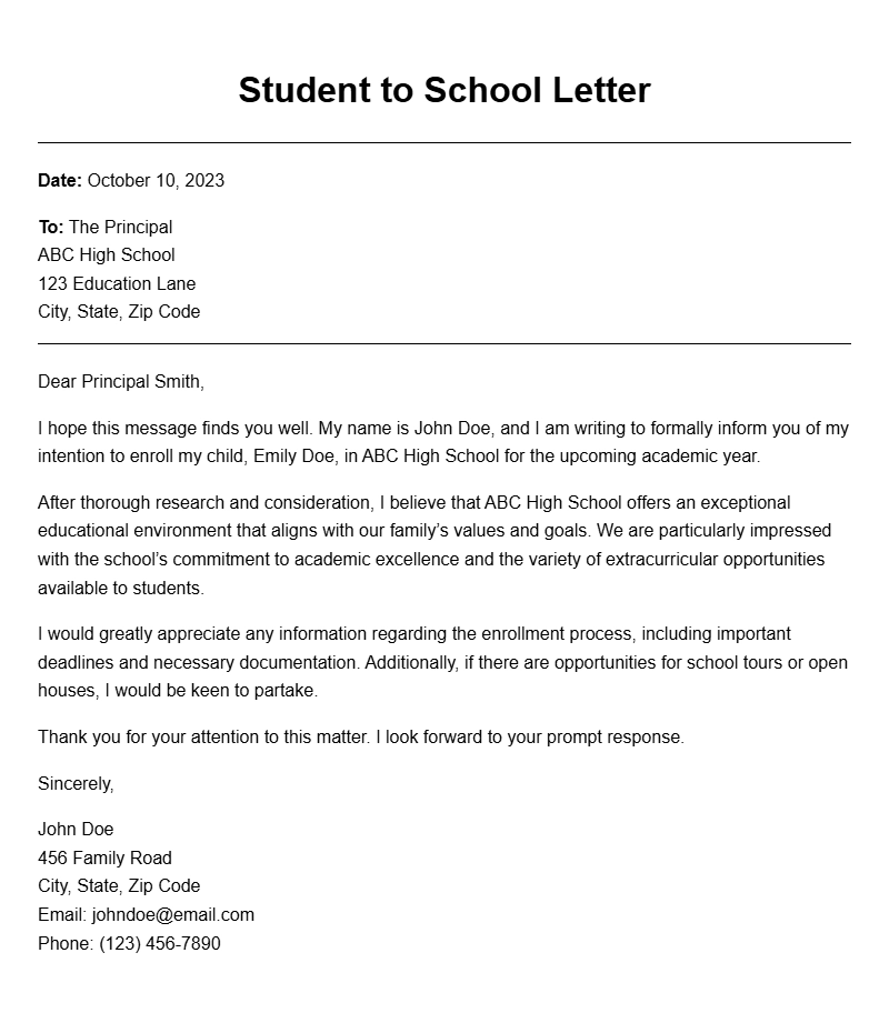Student to School Letter Samples for Various Situations