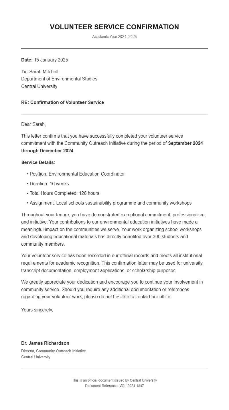 Student Volunteer Confirmation Letter Samples
