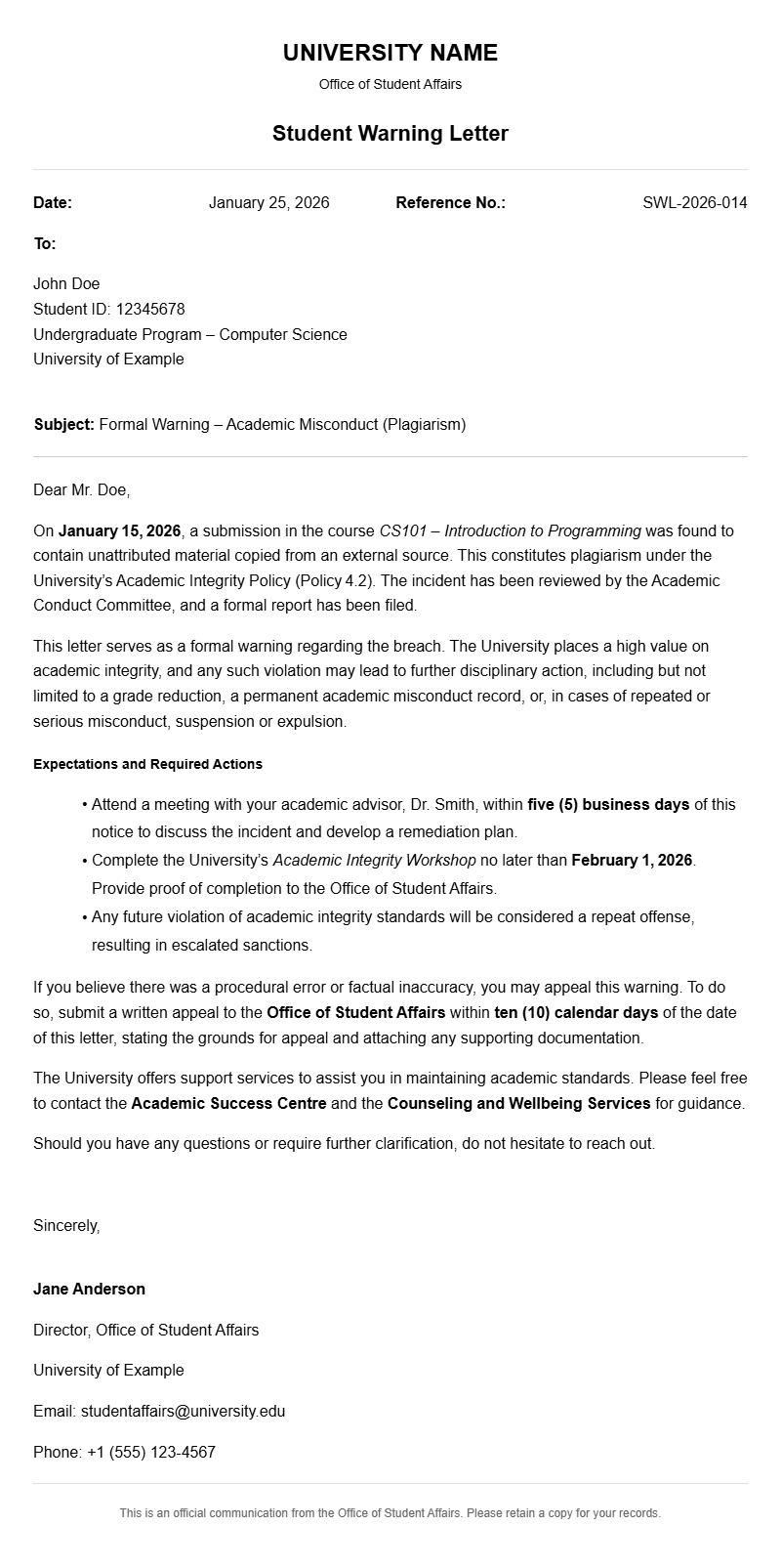 Student Warning Letter Templates