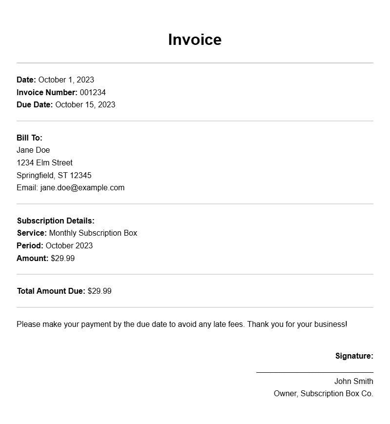 Subscription Box Owner Invoice Samples for Your Business