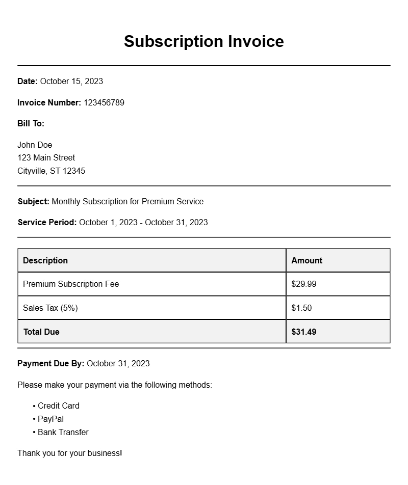 Sample Subscription Invoices for Your Business Needs