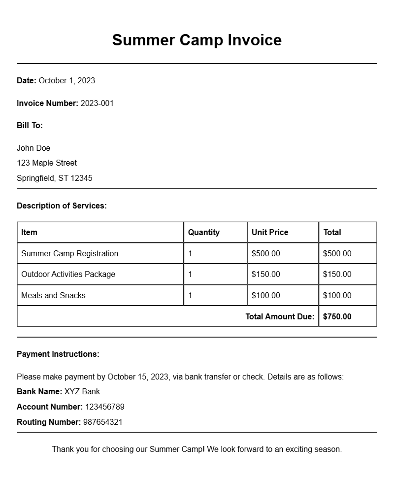 Summer Camp Invoice Samples for Easy Billing Solutions