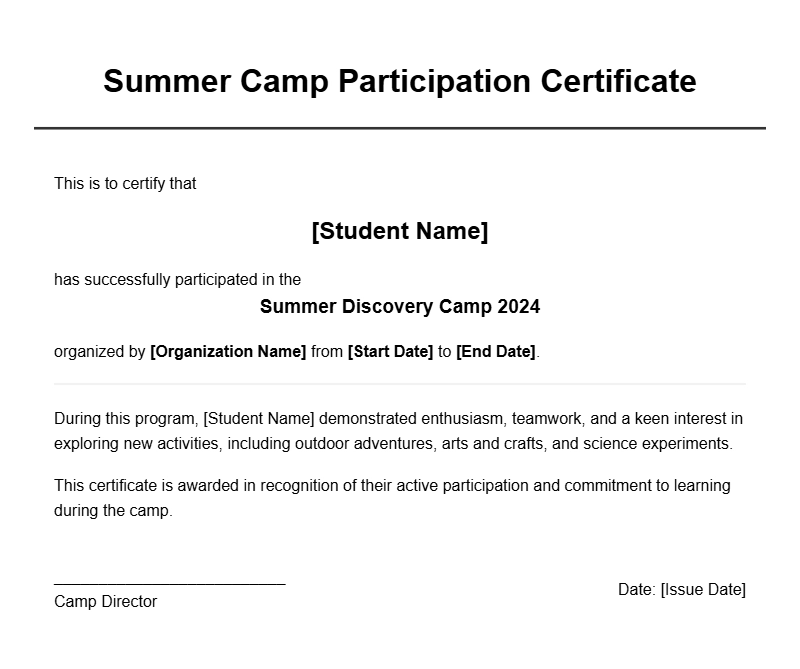 Summer Camp Student Certificate Samples and Templates