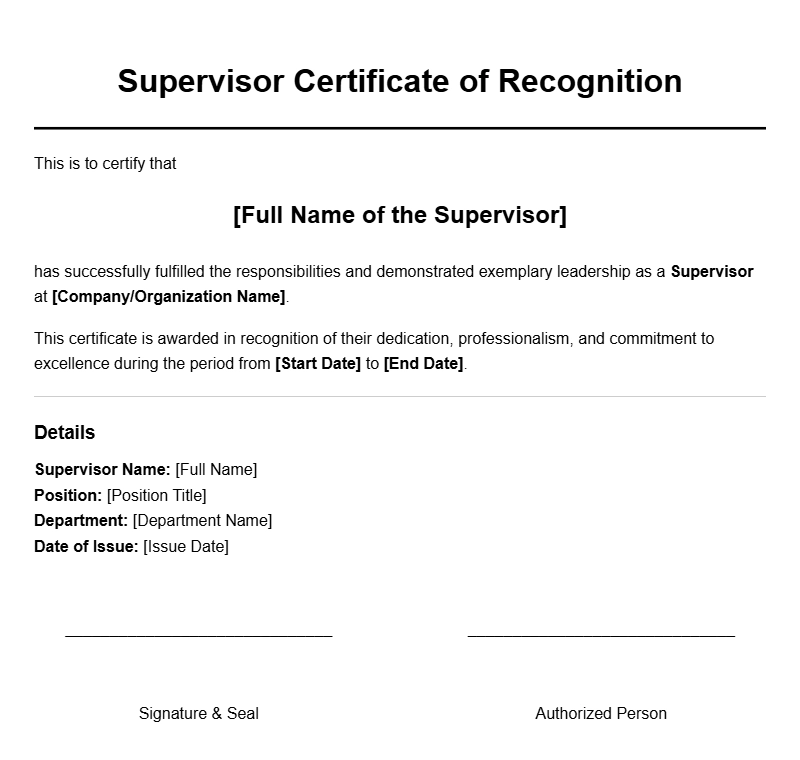 Supervisor Certificate Samples for Professional Recognition