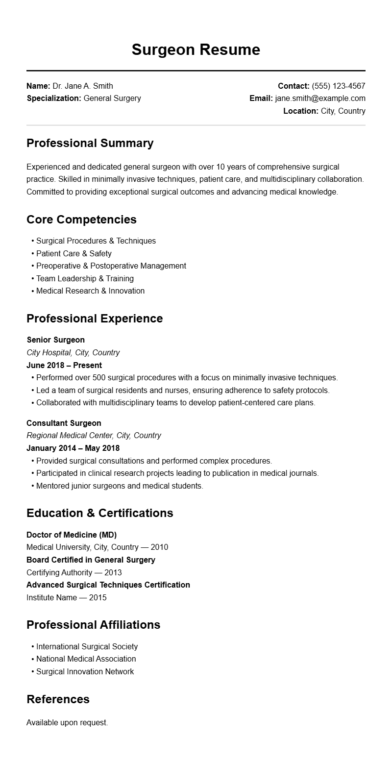 Professional Surgeon Resume Templates for Medical Experts