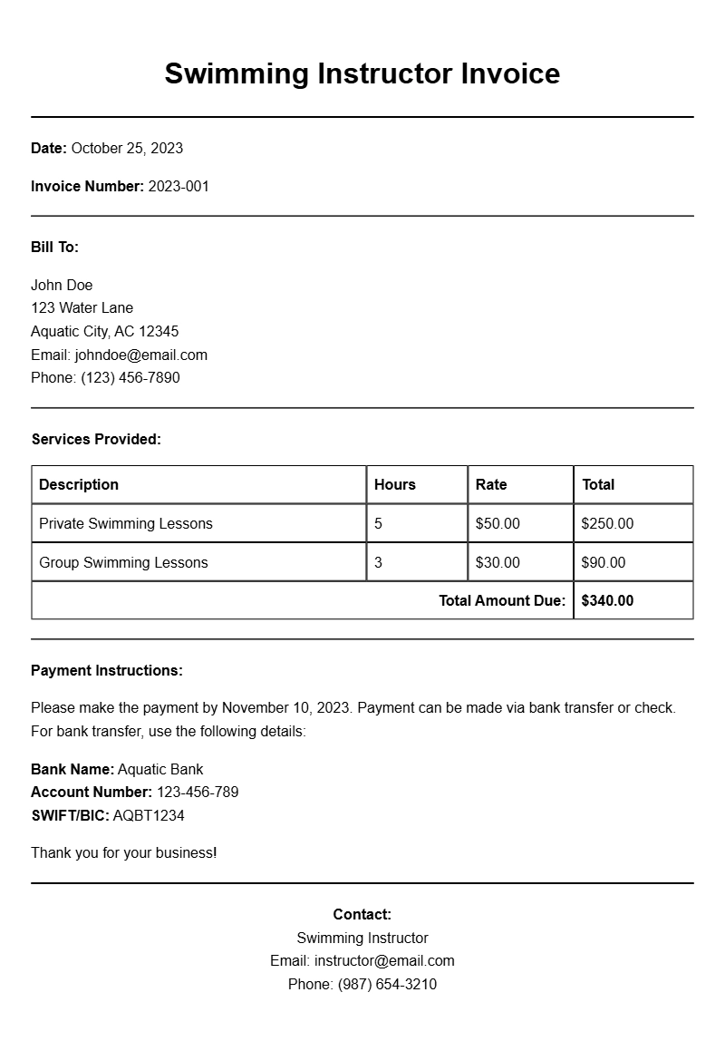 Swimming Instructor Invoice Samples for Your Business
