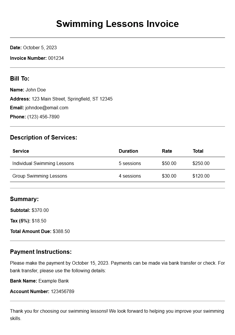 Swimming Lessons Invoice Samples for Easy Billing