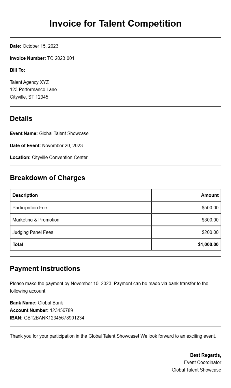 Talent Competition Invoice Samples for Easy Billing