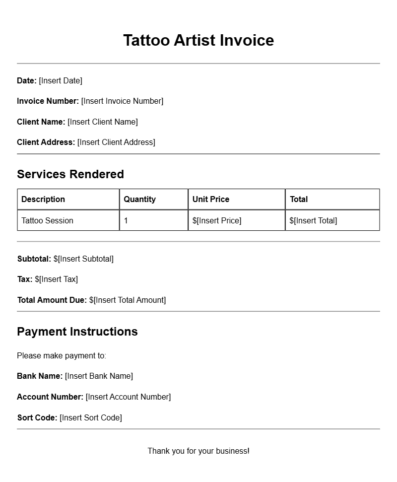 Tattoo Artist Invoice Templates for Professional Billing