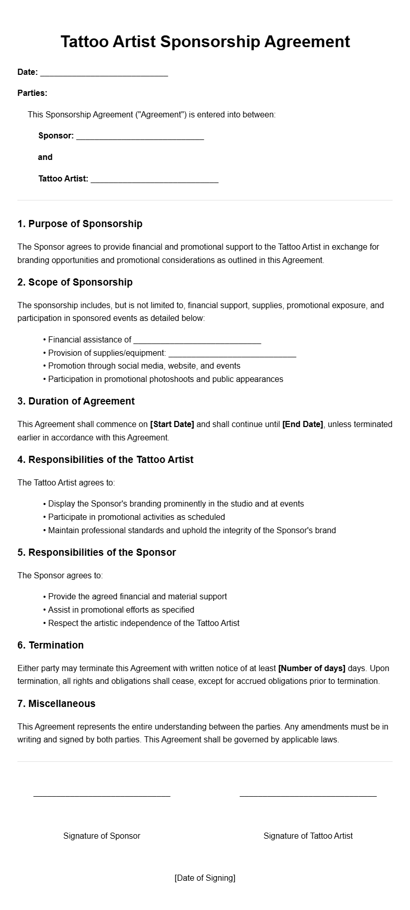 Tattoo Artist Sponsorship Agreement Templates for Professionals