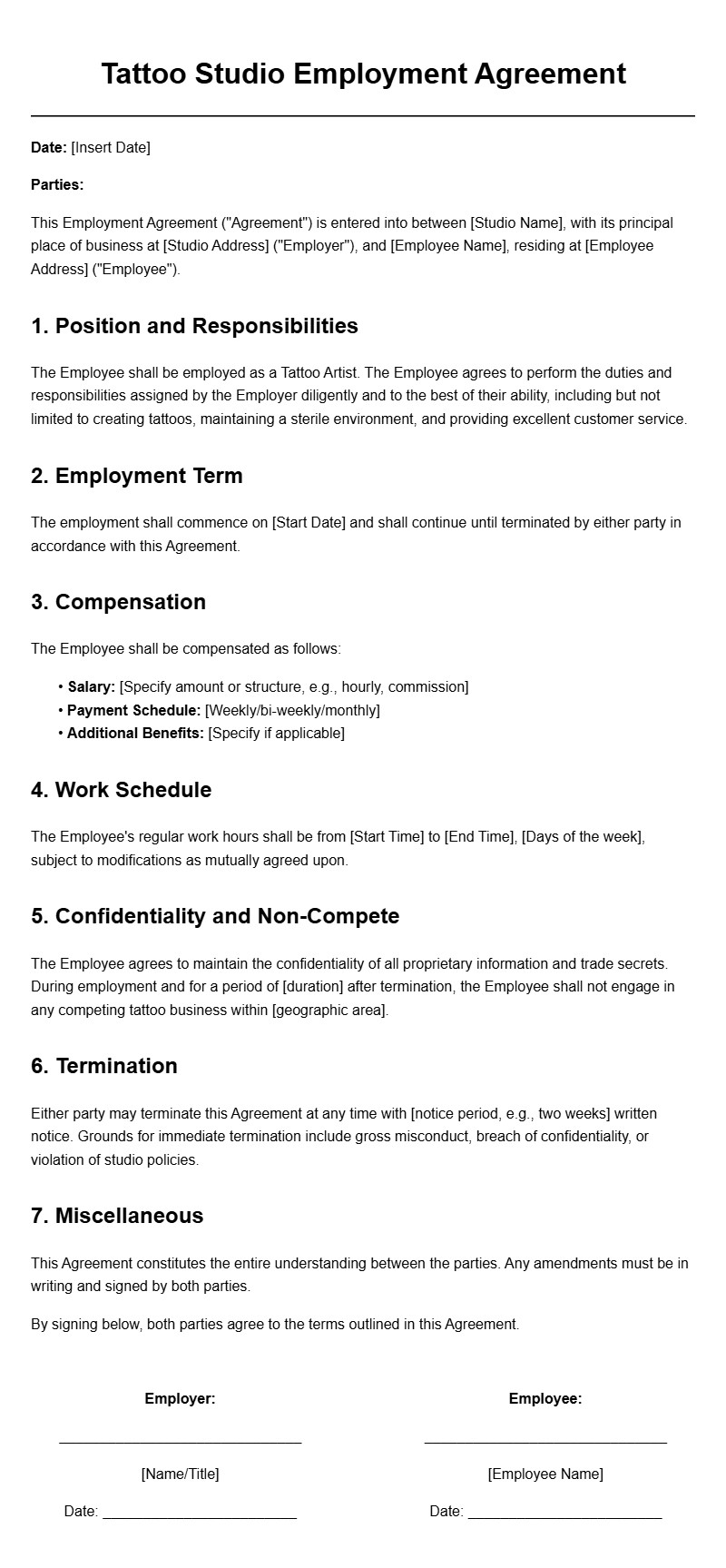 Tattoo Studio Employment Agreement Templates