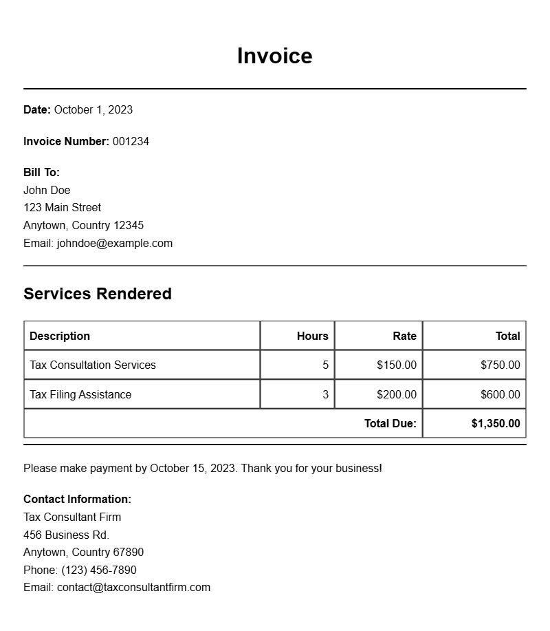 Professional Tax Consultant Invoice Samples for Your Business