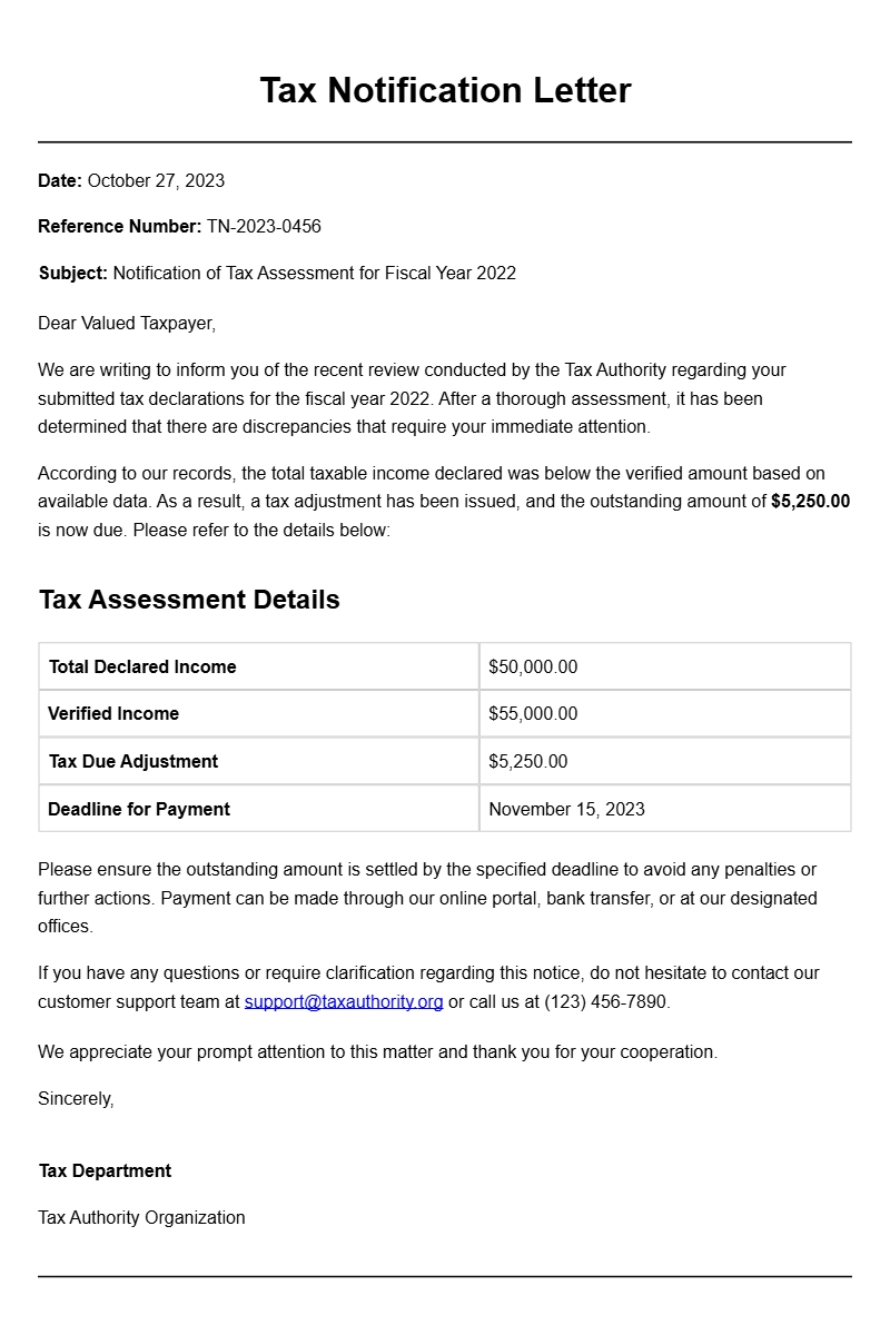 Sample Tax Notification Letters for Your Reference