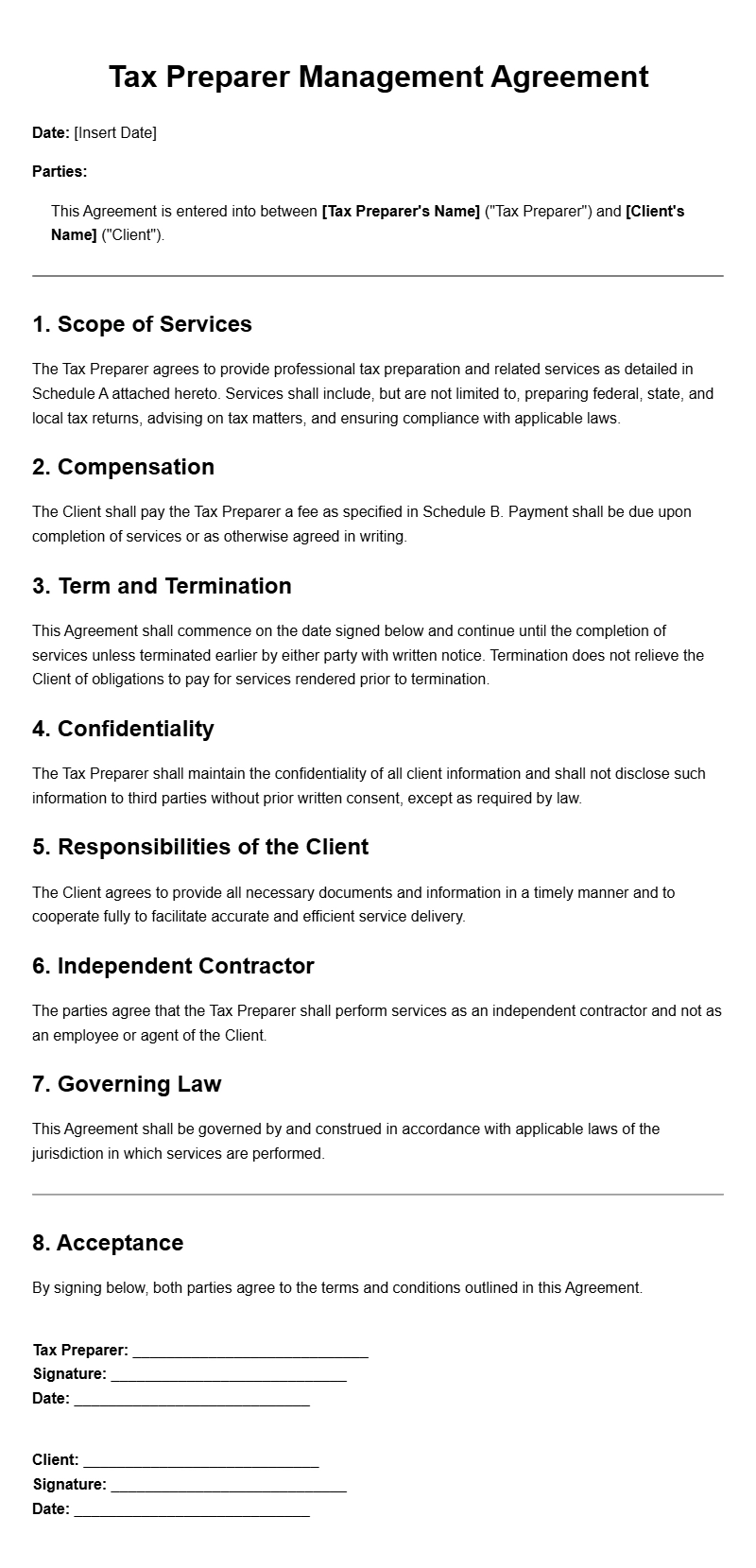 Tax Preparer Management Agreement Templates for Professionals