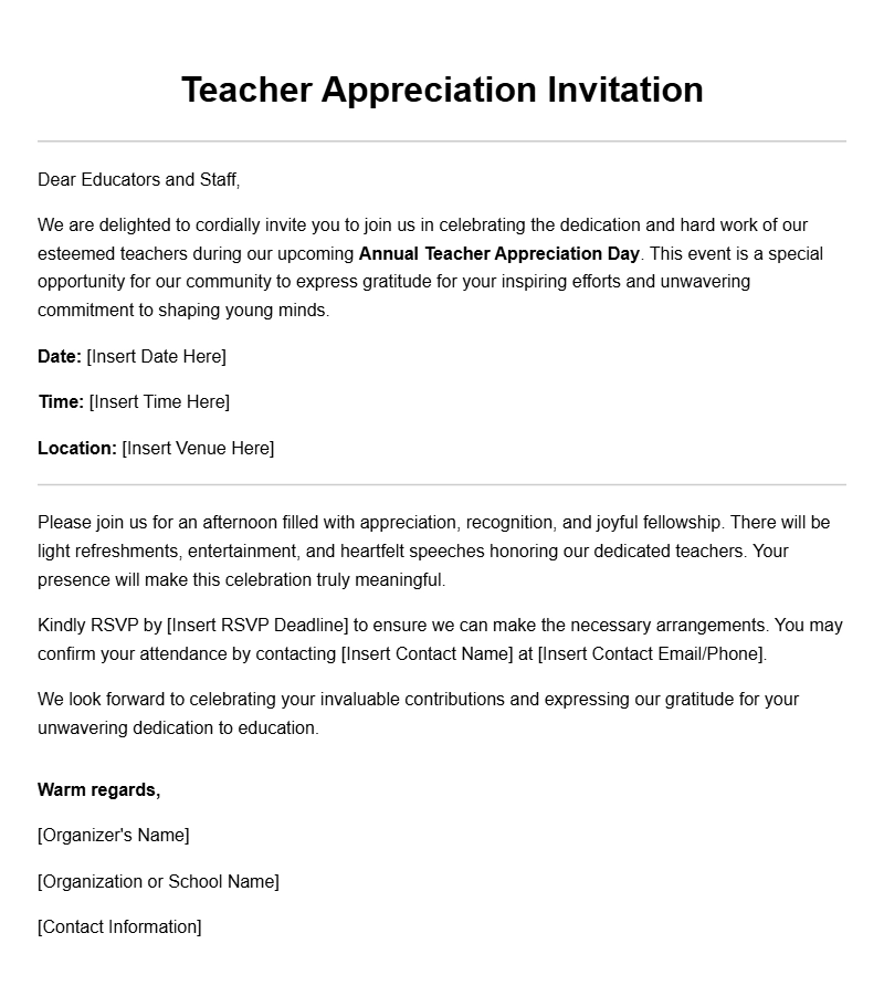 Download Free Teacher Appreciation Invitation Letter Templates