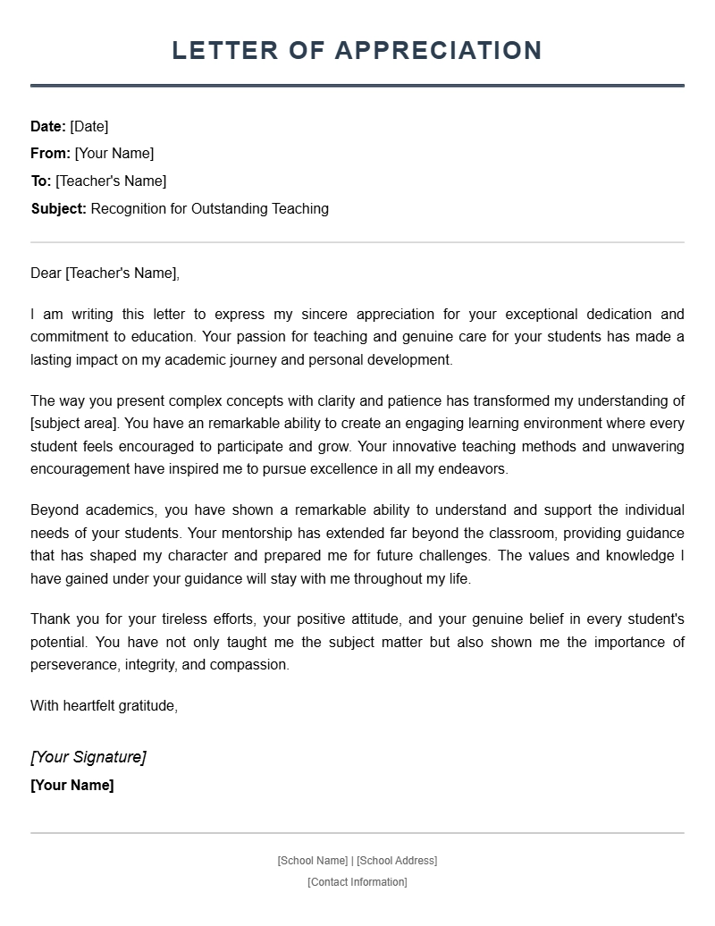 Teacher Appreciation Letter Templates